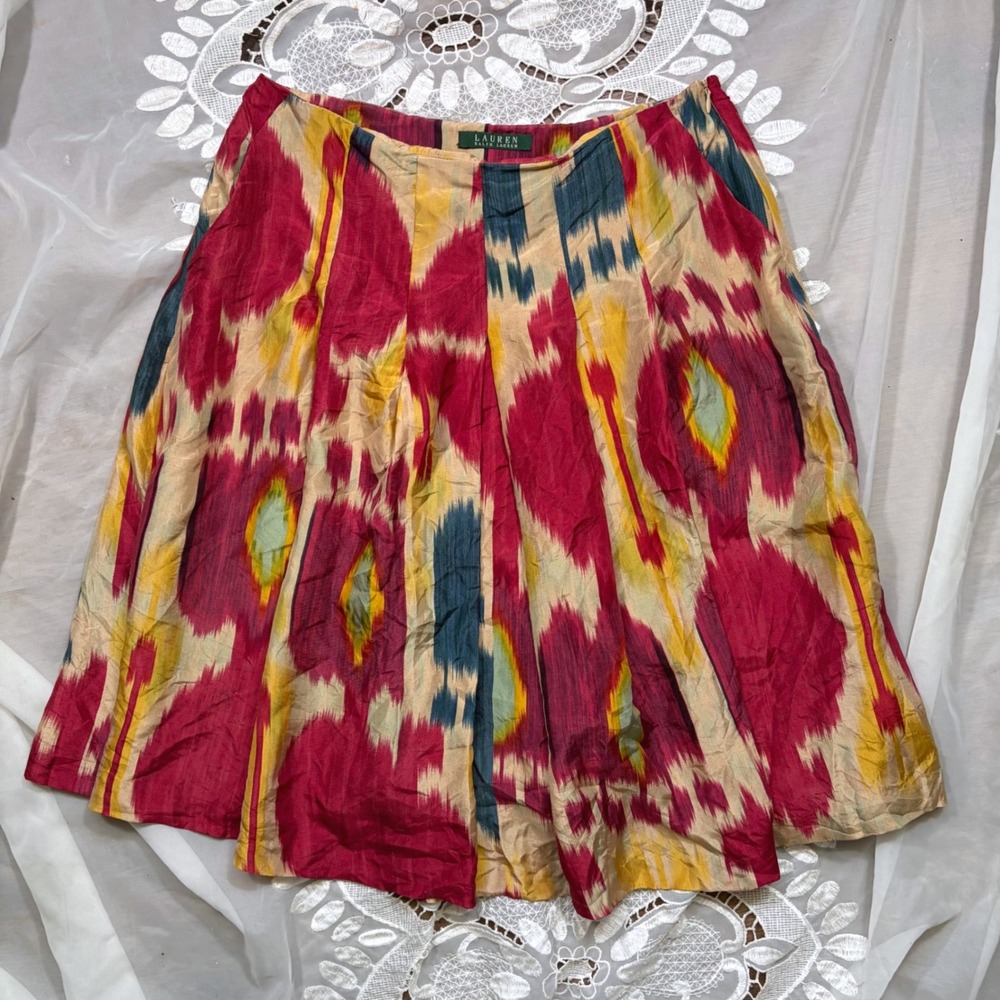 Vintage Lauren Ralph Lauren Silk Print Pleated A-Line Skirt Red Multi Size 6